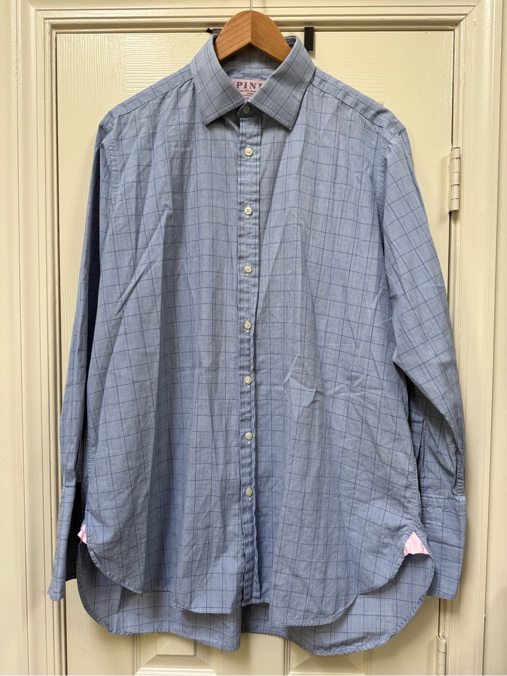 Thomas Pink French Cuff Men's Light Blue Windowpane Dress Shirt 17 34